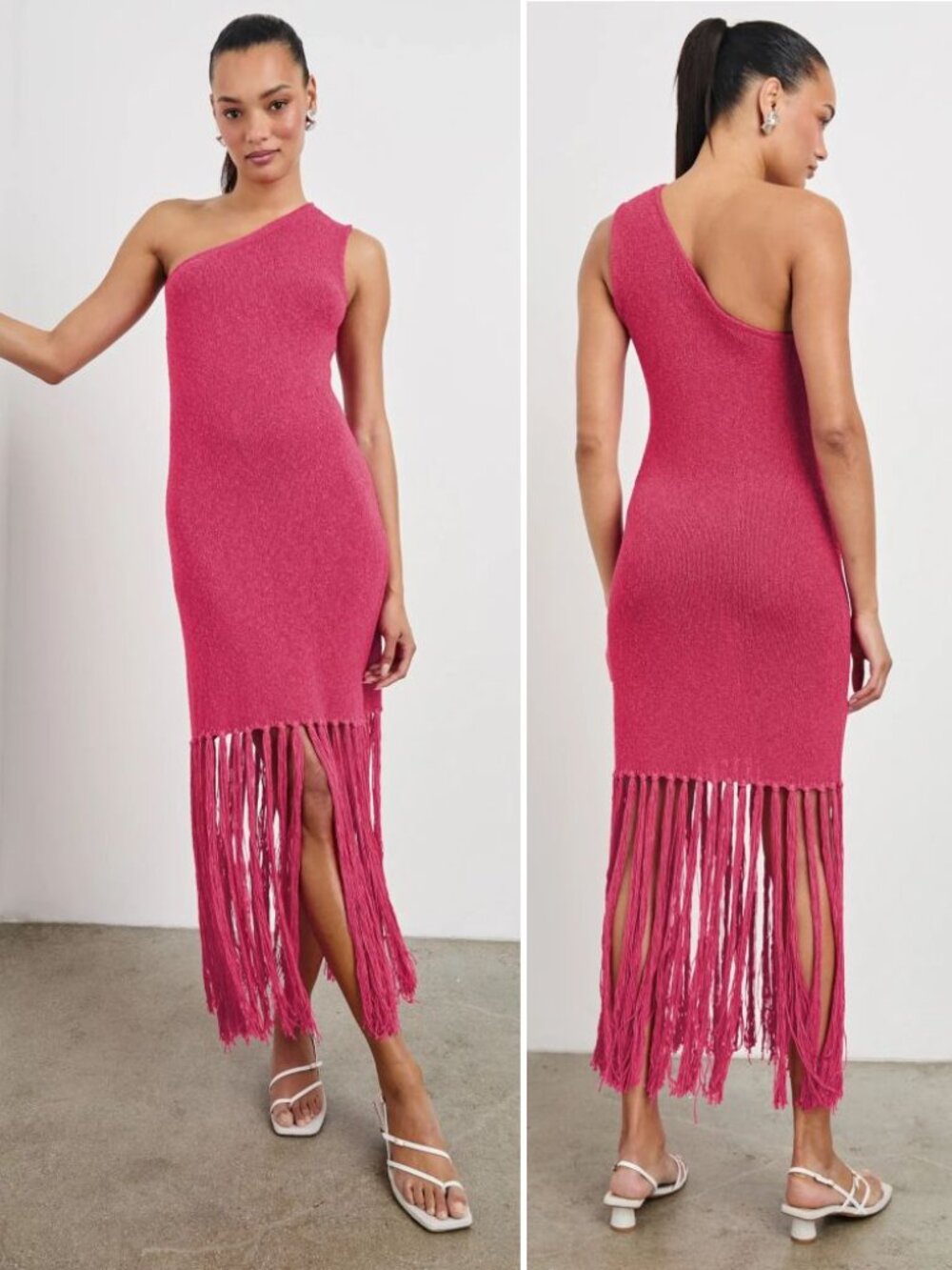 Rails Antonia DRESS Size M One Shoulder Midi Fringe Hem Raspberry Pink Knit NEW